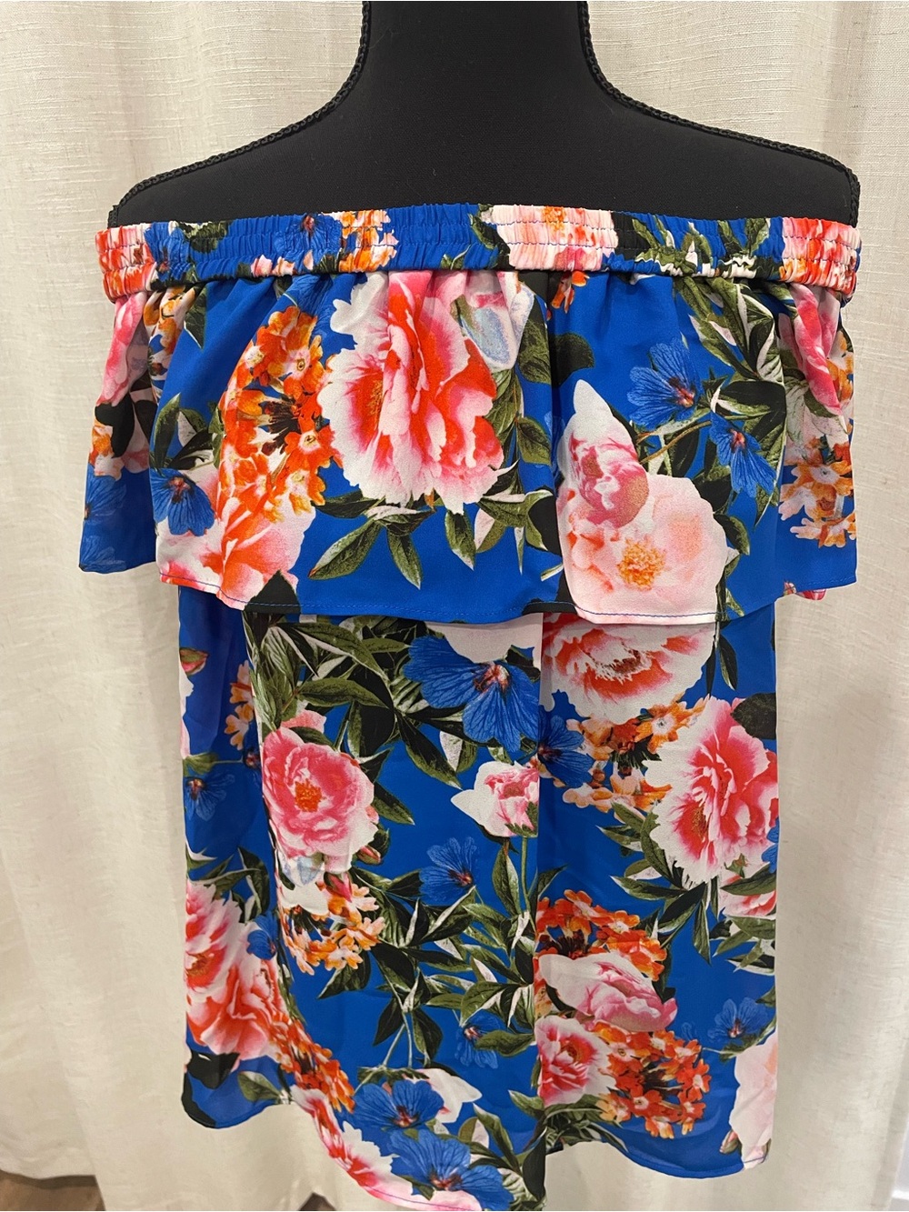 Off-Shoulder Floral Ruffle Top in Vibrant Royal Blue-Coral and pink Floral print